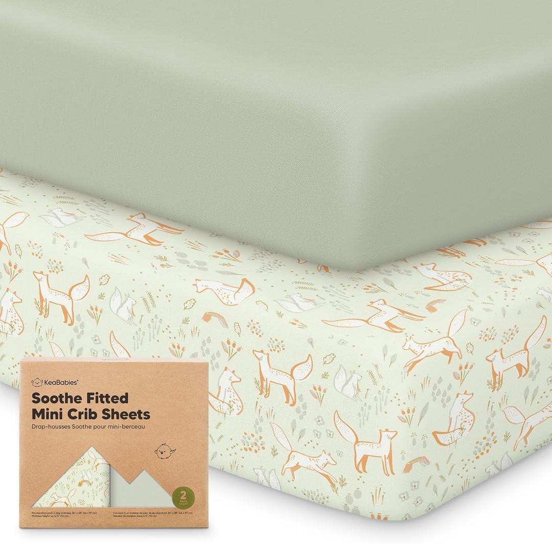 2-Pack Mini Crib Sheets Fitted - Pack N Play Sheets for Pack and Play Mattress, Organic Cotton, Soft & Breathable Jersey Playard Bedding, Neutral Mini Toddler Bed Cover for Boys, Girls (Foxtrot)