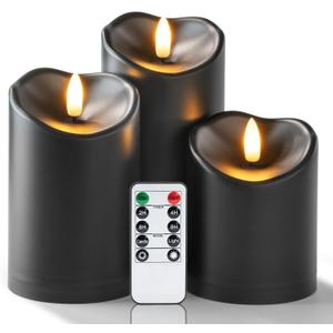 Homemory Black Flameless Candles, Halloween Candles Battery Operated with Remote and Timer, Flickering LED Pillar Candle for Theme Party, Holiday Decor, Set of 3