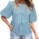 FARORO Women's Summer Dressy Casual Tops Short Puff Sleeve Babydoll Peplum Blouse Bow Tie Front Hollow Out Lace Shirts (Grey Green, Medium)
