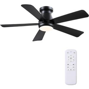 Hounberi 46 Inch Low Profile Ceiling Fan with Light, Modern Flush Mount Ceiling Fans for Low Ceilings, Quiet DC Motor Bedroom Fan, 3CCT Dimmable, Reversible Blades, High Airflow, Energy Saving, Black