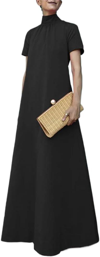 LIXINGHEITANG Loose Neck Summer Women Dress Short Sleeve Solid Long Party Elegant Casual Robes (XX-Large, S1 Black8)