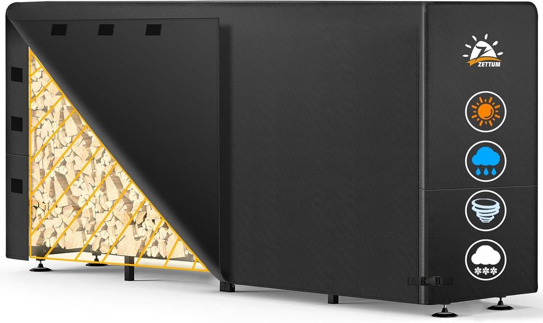 Zettum Firewood Rack Cover 8 Feet - 600D Wood Rack Cover Waterproof & Heavy Duty, 8 Foot Outdoor Log Pile Holder Covers Storage for 8FT Standard Fire Wood Rack Stands (96 x 24 x 49 Inch) (Black)