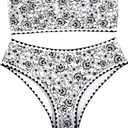 WDIRARA Women's Floral Print Strapless Lace Up Bikini Swimsuit 2 Piece Bathing Suit Brown Small