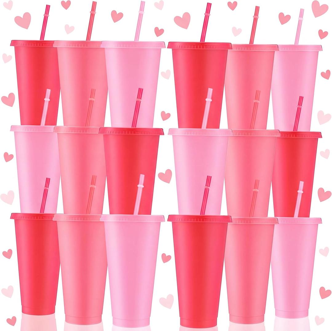 Skylety 24 Pcs Hot Pink Plastic Cups with Lids and Straws 24 oz Hot Pink Reusable Tumbler Party Supplies for Drinks Cups Bulk for Wedding Bridal Baby Shower Birthday