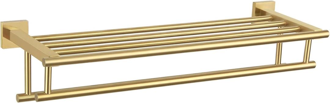 Bathroom Towel Shelf with Holder, Angle Simple SUS304 Stainless Steel Bath Towel Rack with Double Towel Bar, Wall Mount, Brushed Gold 23.62 Inches