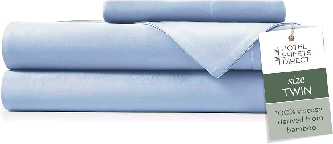 Hotel Sheets Direct 3 Piece Bed Sheet Set Twin Size, 100% Viscose Derived from Bamboo Sheets Set with 1 Pillowcase, Cooling & Breathable Luxury Bedding, Moisture-Wicking & Silky Soft, Light Blue