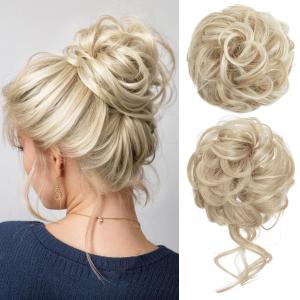 CJL HAIR 2PCS Messy Bun Hair Pieces Wavy Curly Synthetic Updo Chignon Fake Scrunchies Ponytail Extension for Women Cream Blonde