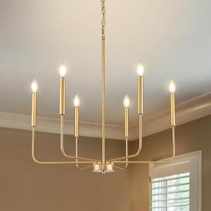 Modern Gold Chandelier for Dining Room,Metal 6-Light Kitchen Light Fixtures,Farmhouse Candle Hanging Pendant Light for Living Room Entryway Foyer Bedroom (Bulb Not Included)