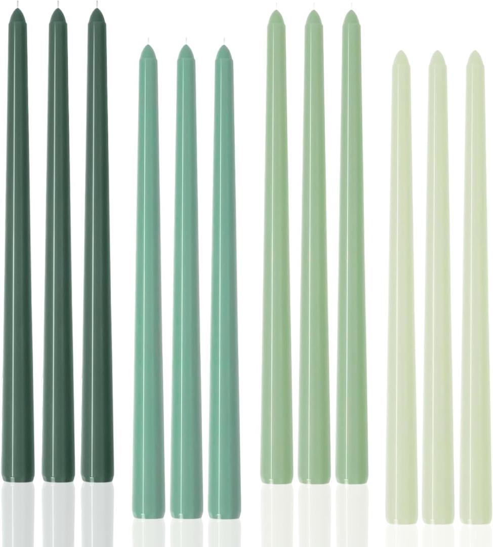 12 inch Green Gradient Taper Candles Unscented Smokeless Long Tall Tapered Candle for Candlesticks Sticks Wedding Advent Home Decor Dinner Christmas Set of 12