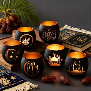 SHMILMH Ramadan Table Decor, Ramadan Mubarak Decoration, Glass Votive Tealight Candle Holders, Eid Decorations for Home Gift (Black)