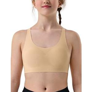Wingslove Girls Training Seamless Sports Bra for Ages 10-17 Wireless Cross Back Teen Bras with Removable Light Padding (Small, White)