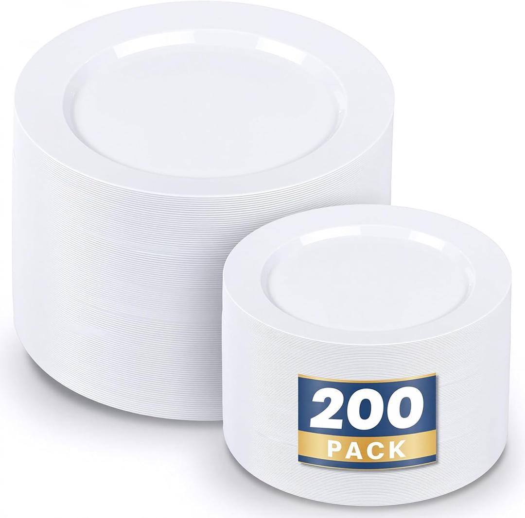 WDF 200pcs White Plastic Plates Disposable - Heavy Duty Plastic Plates for Party - Include 100 x 10 Dinner Plate and 100 x 7 Dessert/Cake Plate - Ideal for Weddings/Parties/Events