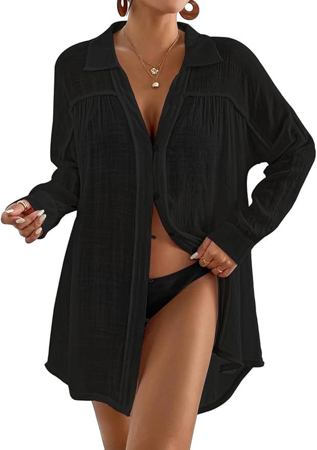 Bsubseach Long Sleeve Cover Up Shirt Oversize Button Down White Woman Black Coverup