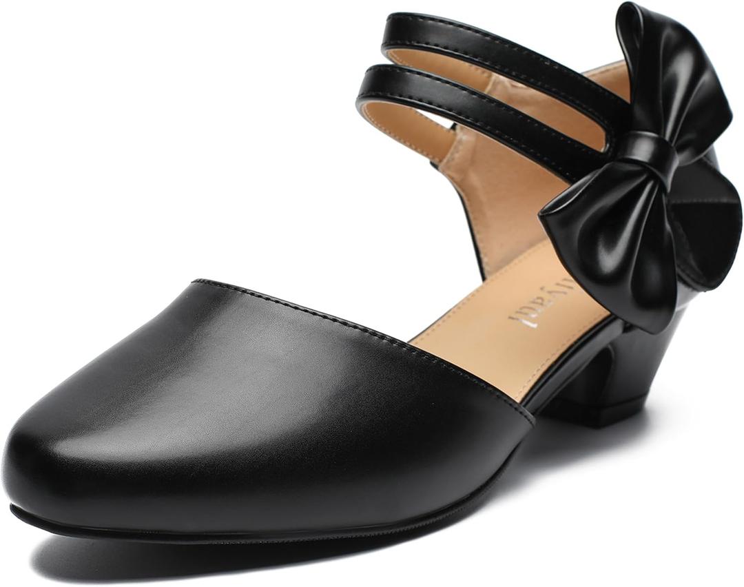 Women's Retro Bow Mary Jane Low Chunky Heel Pumps Closed Toe Ankle Strap D'Orsay Hook and Loop Side Bow Round Toe Dressy Wedding Party Shoes (8, Black Matte)