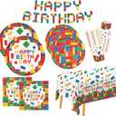Building Block Party Supplies Paper Plates Napkins Cups Tablecloth Banner for Colorful Building Block Birthday Party Decorations for Boys, Kids Birthday Party Decorations Serve 25