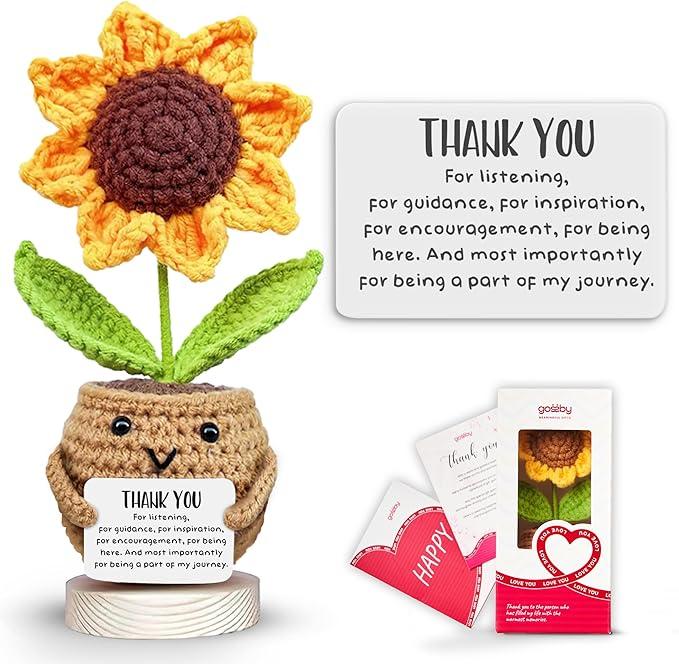Gossby Positive Sunflower Doll Crochet with Card - Thank You for Listening - Appreciation Gift for Coworker, Best Friend - Christmas, Birthday, Thank You Gift for Women, Men - Crochet Plant Decor
