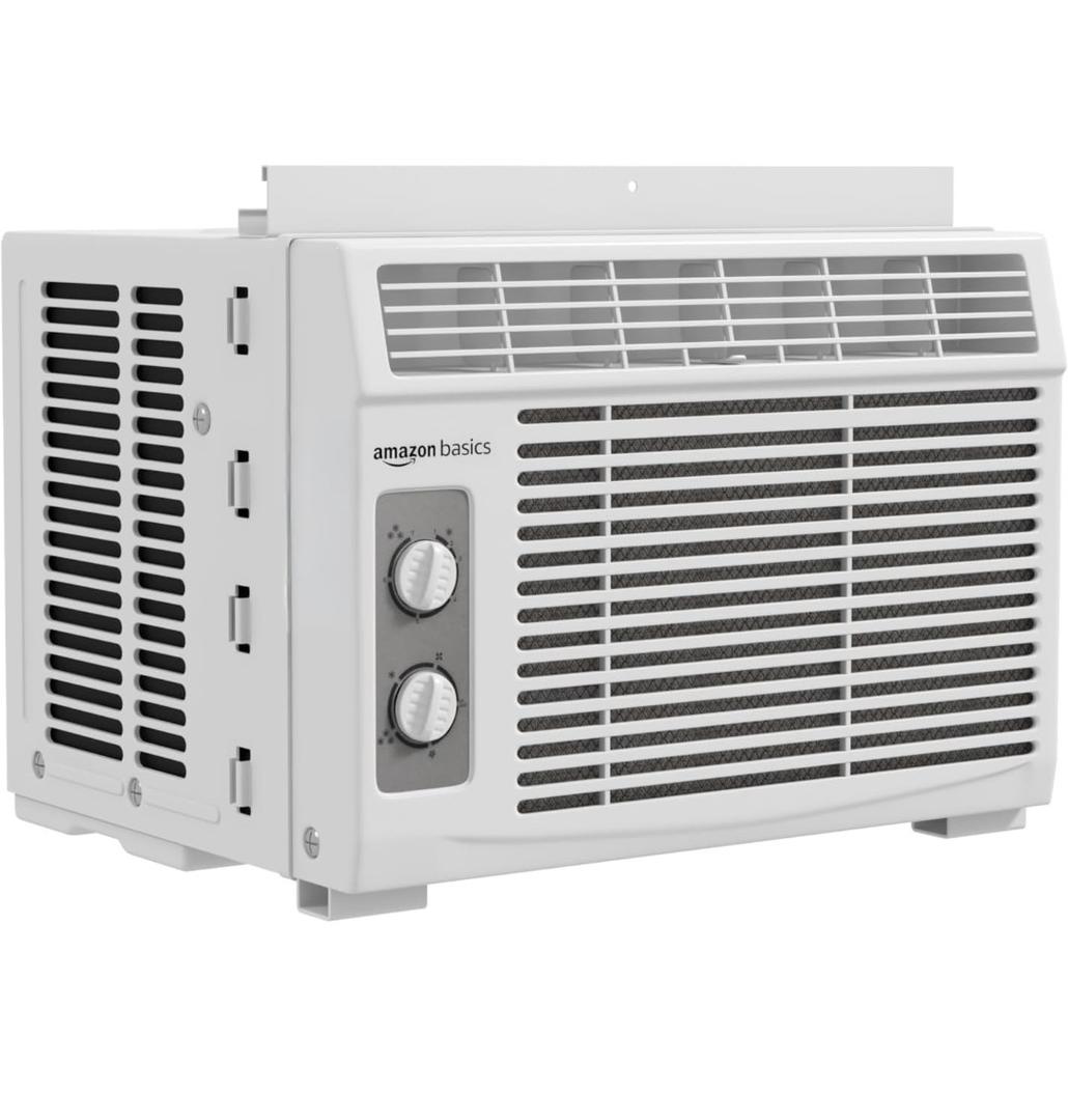 Amazon Basics 5000-BTU Window Air Conditioner with Quiet Operation, Up to 150 Sqf, Cool and Fan Functions, Washable Filter, Adjustable Window Kit, Intuitive Mechanical Controls, for Small Room, White