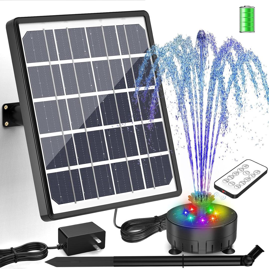 AISITIN 8W Solar Water Fountain with Colorful LED Lights & 3000mAh Rechargeable Battery, Remote Control Solar Fountain Pump with 16 Nozzles and Charging Cable for Garden, Bird Bath, Pond and Outdoor (Black)