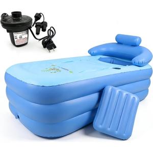 63 5.2 Adult Inflatable Bathtub with Electric Air Pump, Freestanding Portable Cool/Hot Tub Foldable for Outdoor Indoor Soaking Shower Spa, Small Cushion & Drain Hose, 3 Separate Blow Up Chambers
