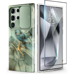 GVIEWIN for Samsung Galaxy S24 Ultra Case with Slide Camera Cover+Screen Protector, [Military Grade Shockproof] Marble Protective Slim & Tough Phone Case for S24 Ultra 6.8"(Desert Dream/Green)