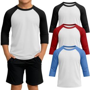 3 Pack Boy's Baseball Shirts 3/4 Sleeve Raglan Crew Neck Tops Teens Athletic Casual Jerseys(7-8 Years, White/ Black, White/ Red, White/ Sky Blue)