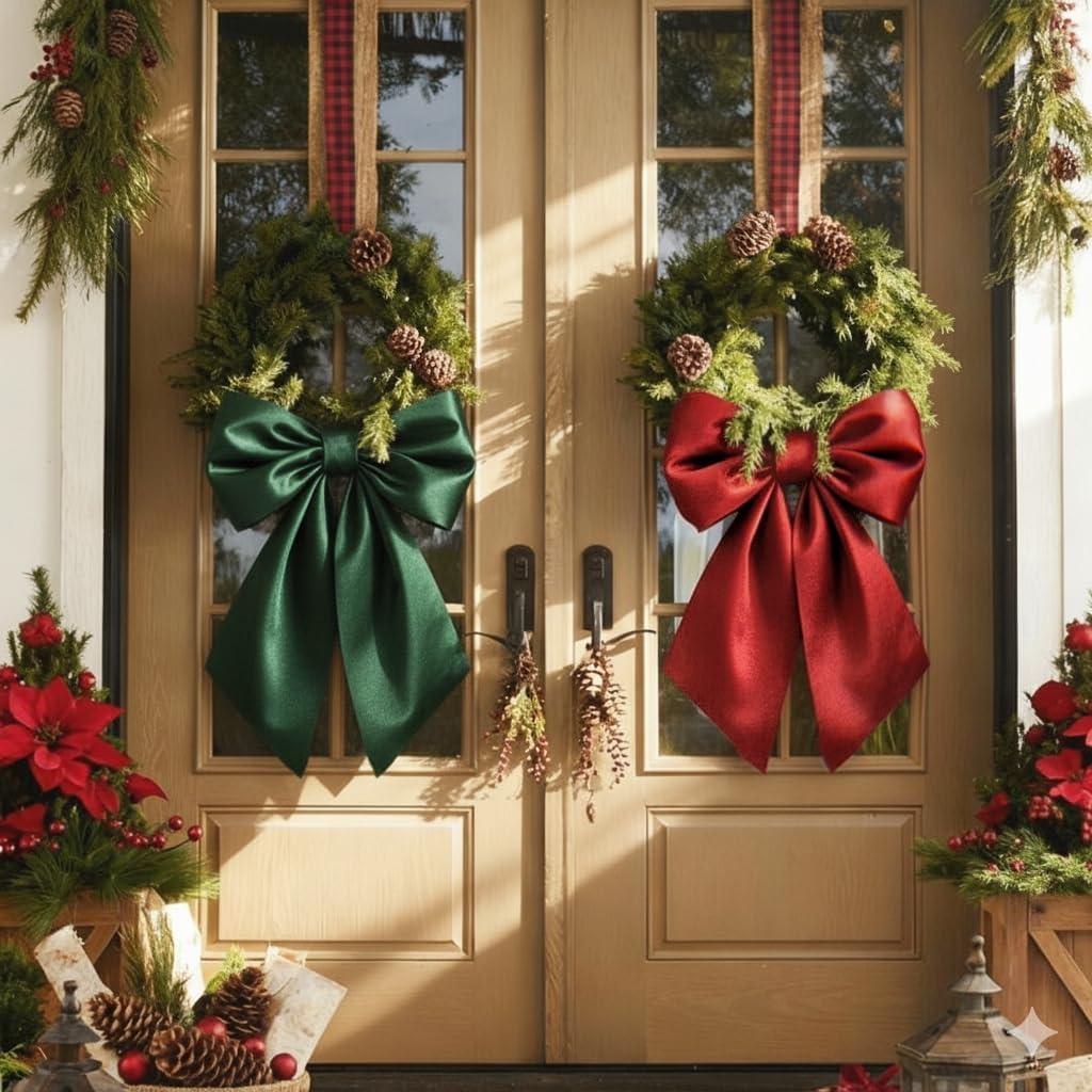 Christmas Bows for Wreaths 23 x 11 Inch Large Red Green Big Bow Decor Satin Bows Giant Gift Bow Coquette Party for Christmas Tree Xmas Holiday as Crib Skirt Baby Shower Decorations(2 Pack)