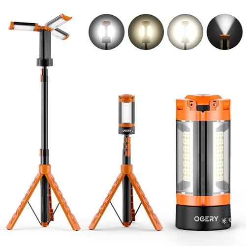 OGERY Rechargeable 10000mAh Camping Light with Stand 6.5 ft Max Height, Cordless Work Light with 3 LED Lamp Heads, 2200 Lumens Camping Essentials Gear Emergency Flashlight with Detachable Tripod