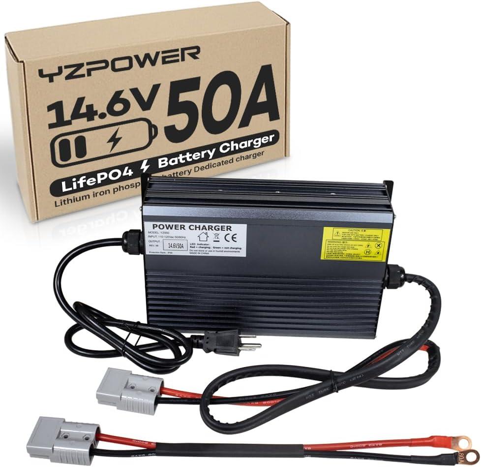 YZPOWER 14.6V 50A LifePO4 Battery Charger for Marine Boat RV Lawn Motor Motorcycle Golf Cart12v Deep Cycle Rechargeable Batteries Charger AC-DC Charger