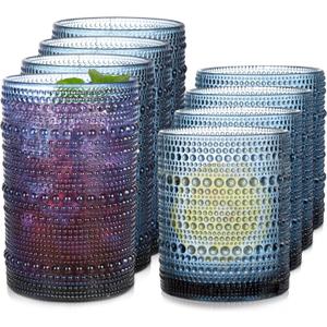 Blue Hobnail Drinking Glasses Set of 8 - 4 pcs 15 oz highball glasses and 4 pcs 12 oz cocktail glasses, Drinkware Kitchen Glasses for Cocktail, Iced Coffee, Beer, Ice Tea, Wine, Whiskey, Water