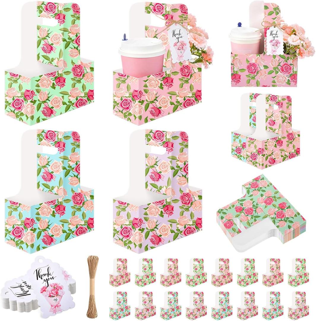 20 Pack Mother's Day 2 Cup Drink Carrier with Handle, Floral Coffee Cup Holder with Cards and Ropes, Disposable Cardboard Foldable Drink Caddy for Hot Cold Drinks, Food Delivery