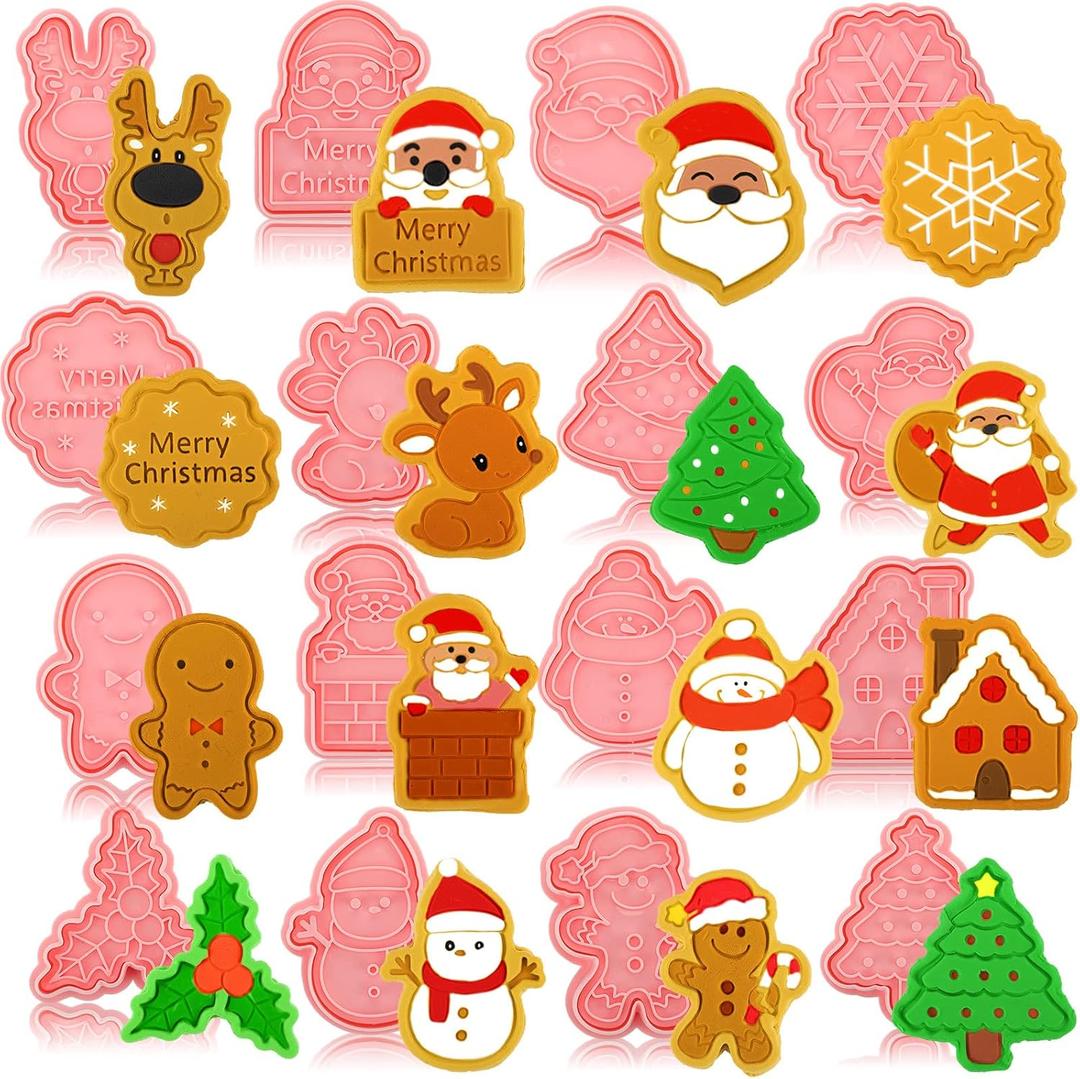 Hoolerry 16 Pcs Christmas Cookie Cutters with Plunger Stamps Set 3D Snowflake Cookie Stamps for Baking Include Snowman Santa Christmas Tree Reindeer for Kitchen Baking