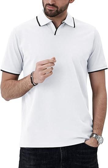 Aiyino Men's Muscle V Neck Polo Shirts Slim Fit Short Sleeve Cotton Golf T-Shirts Ribbed Knit Soft Tees,White, M