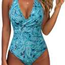 SUUKSESS Women Sexy Tummy Control One Piece Swimsuits Halter Push Up Bathing Suits (Large, #1 Blue Paisley)