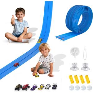 Portable DIY 16ft Flexible Race Track with Roll-Up Storage Compatible with 1/64 Diecast Cars Ages 3+Includes 6 Racing Cars (Blue)