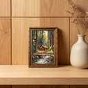 Vintage Gold Framed Forest Wall Art, Retro Mountain Woods Cottage Oli Painting Canvas Print, Antique Log Cabin Picture Wall Decor, Rustic Farmhouse Stream Poster Artwork for Bedroom Living Room, 24''Lx16''W
