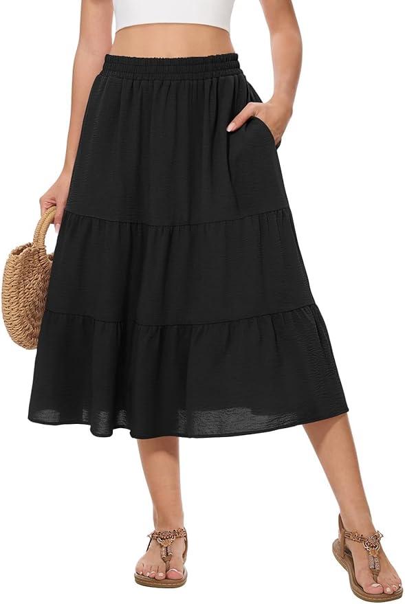Women's Midi Skirt Tiered Flowy High Waist A-Line Elastic Ruffle Casual Skirt with Pockets Lightweight Breathable