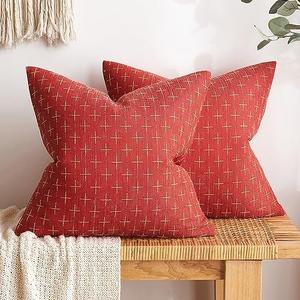 MIULEE Pack of 2 Christmas Decorative Burlap Linen Throw Pillow Covers Modern Farmhouse Pillowcase Rustic Woven Textured Cushion Cover for Sofa Couch Bed 16x16 Inch Christmas Red