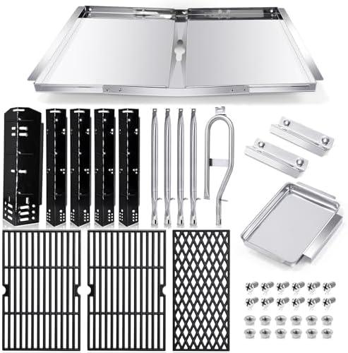 Grill Grease Tray Replacement Parts for Dyna Glo Grill Replacement Parts 5 Burner DGH474CRP, DGH483CRP, DGH485CRP, Adjustable 24''-30'' Gas Grill Drip Pan, Cooking Grate, Heat Plate Shield and Burners