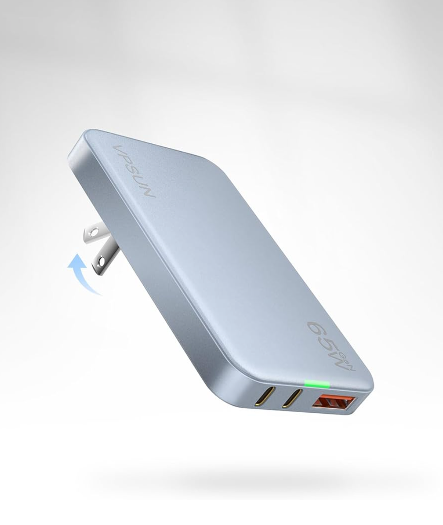 65W GaN USB C Wall Charger Block,3 Port Ultra Thin Flat USB-C Charging Plug,Foldable USB Power Adapter for MacBook,iPhone 15/16,Samsung (Blue)