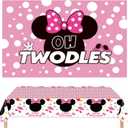 Oh Twodles Backdrop Party Decorations, Pink Palka Dot Backdrop Birthday Banner with Disposable Tablecover Set, Cartoon Photography Background and Tablecloth for Girls 2nd Party Supplies