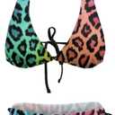 Women's Leopard Print Swimsuit Halter Padded Top Tie Side Bottom Triangle Bikini Sets (M)