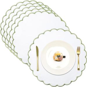 Set of 6 Round Placemats 15 Inch Cotton Scalloped Embroidery Placemat Washable Double Layered Rustic Dinner Table Mat Decor Fabric for Hotel Restaurant Kitchen(White/Green,Classic)