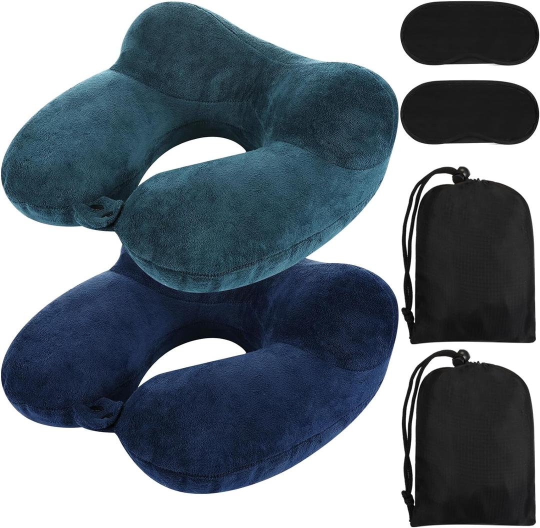 Sintuff 2 Pack Inflatable Travel Pillow for Airplanes Inflatable Neck Flight Pillows with Compact Bag and Blindfold for Traveling, Airplane, Train, Car, Office(Peacock Green and Blue)