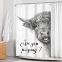 Highland Cow Farmhouse Funny Rustic Black White Bathroom Shower Curtain Set, 60"W x 72"L
