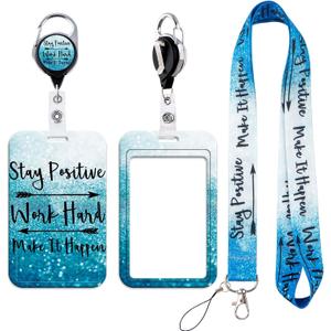 Cute Cat Lanyards for ID Badges & Stay Positive Lanyards for ID Badges, Badge Reel Retractable Badge Holder with Lanyard for Teacher, Women, Kids