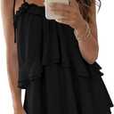 Wenrine Womens Summer Romper Dress Chiffon Spaghetti Strap Sleeveless Ruffle Tiered Short Jumpsuits Beach Vacation Rompers (Black, S)