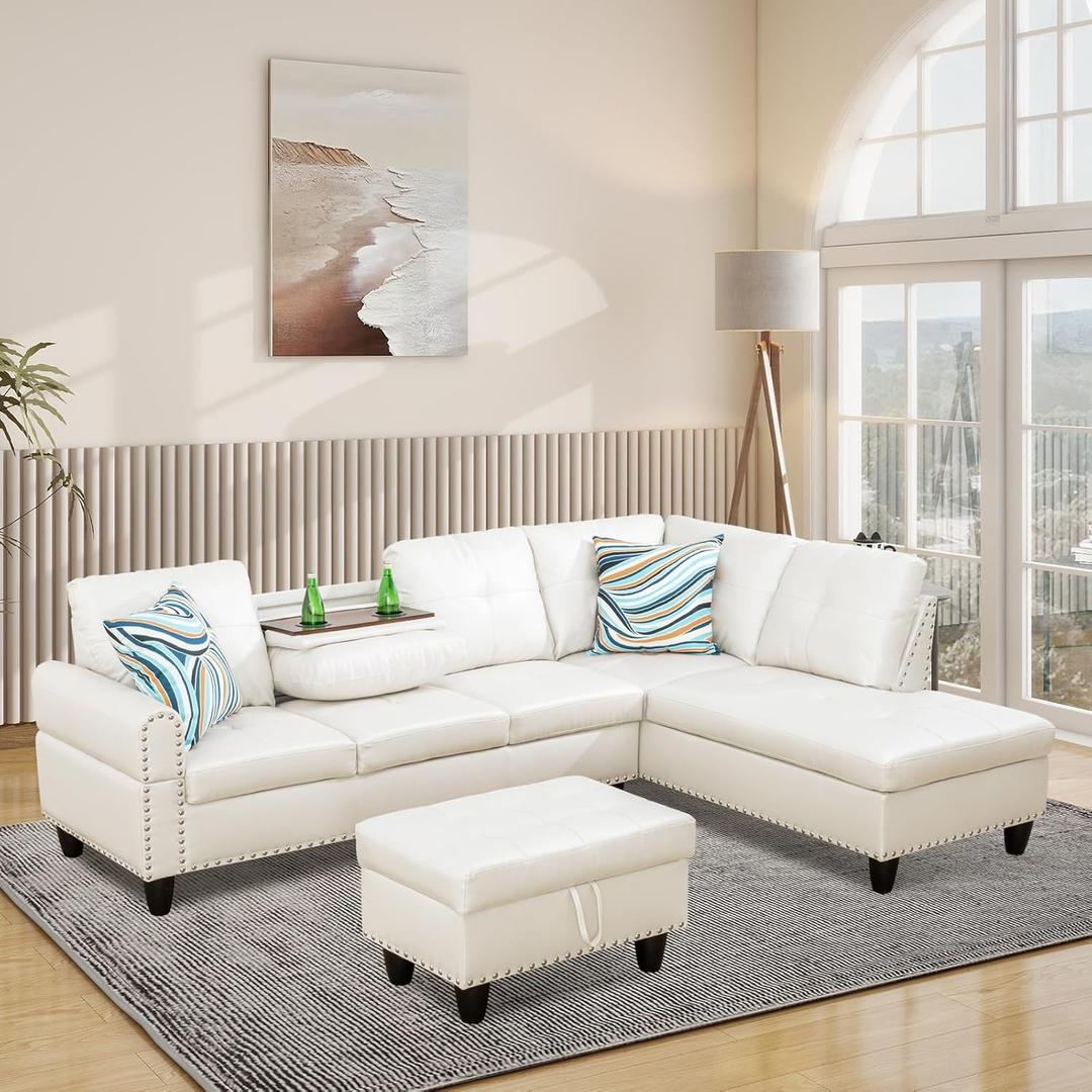 L Shaped Modular Sectional Sofa with Reversible Chaise Lounge, 5-Seater Corner Couch, PU Leather Convertible Sof w/Movable Ottoman, Cup Holders, 2 Pillows and Rivet Ornament for Living Room