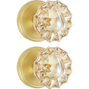 SHINY HANDLES 2 Pack Satin Brass Dummy Door Knob Set, Champagne Glass Crystal Gold Door Knobs