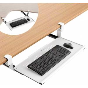 Keyboard Tray Under Desk - Full Metal Slide Out Holder, Rust-Resistant & Scratch-Proof, Double C-Clamps, 26x13" Tray for L Shape/Regular Desks, Standing/Sitting Workstation(White-B)