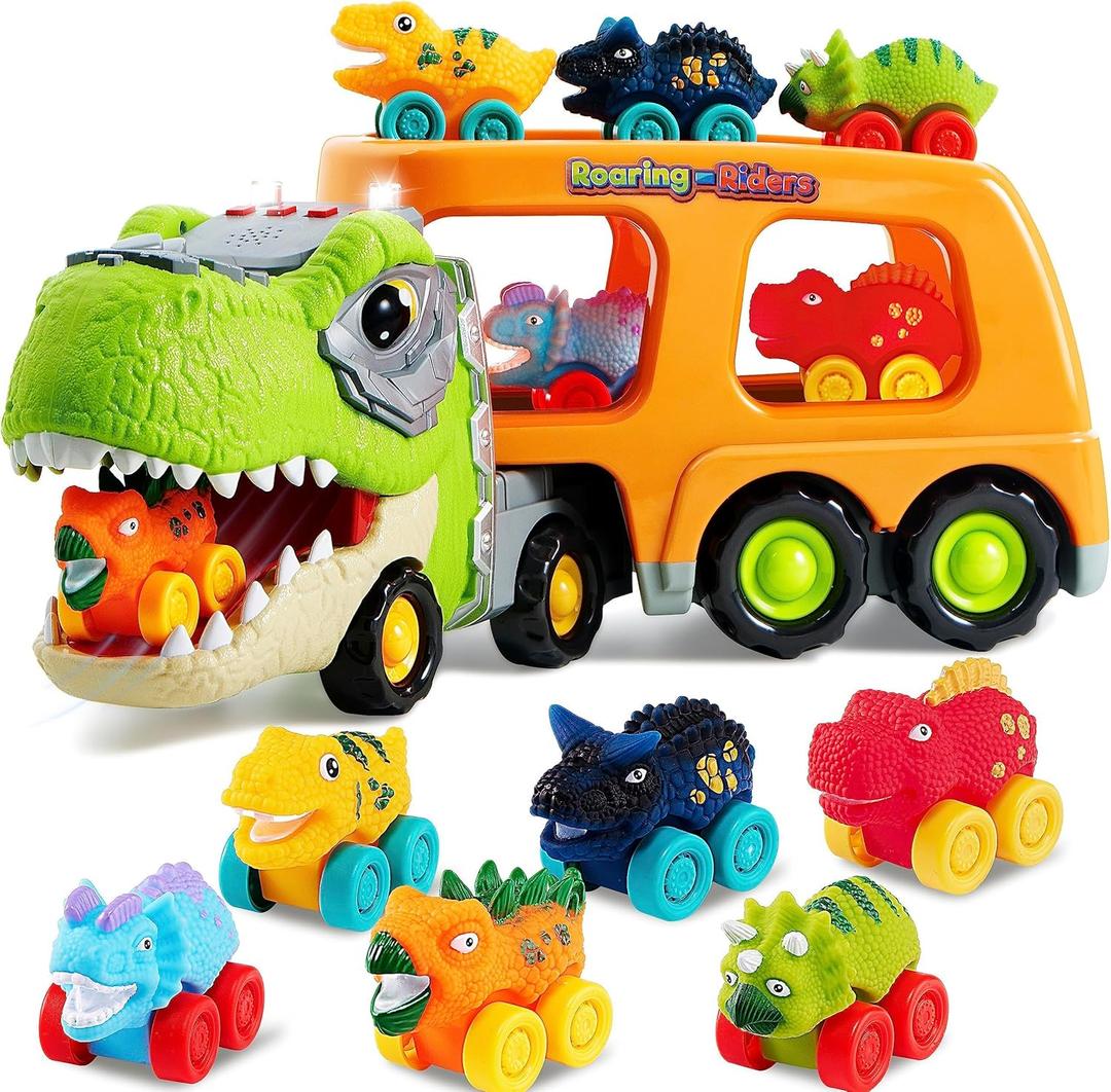 JOYIN Dinosaur Toys for Kids 2-4, Toddler Boy Toys, Dinosaur Carrier Truck with 6 Rubber Car Vehicles, Easter Birthday Gifts with Music & Lights for 2 3 4 5 Year Old
